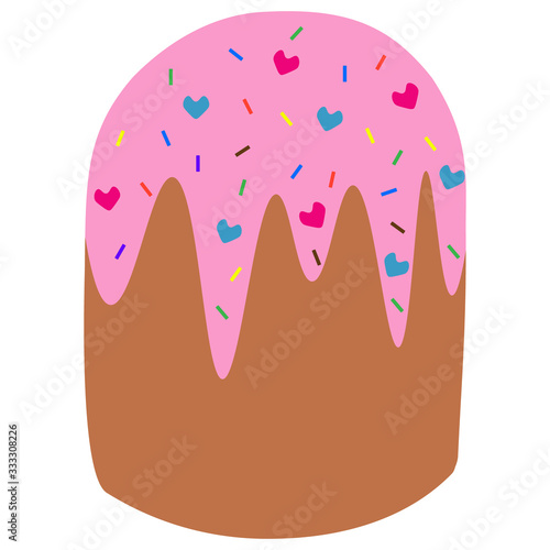 Color vector illustration of Easter cake watered with pink icing. An ornament of multi-colored sprinkles in the form of sticks and hearts. Bread on an isolated background.  Flat style. Holiday print.
