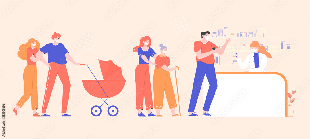 Group of people standing in line for medicines in a pharmacy. Young parents with a stroller, a girl with a grandmother, a guy with a phone. Characters in medical masks. Vector flat illustration.