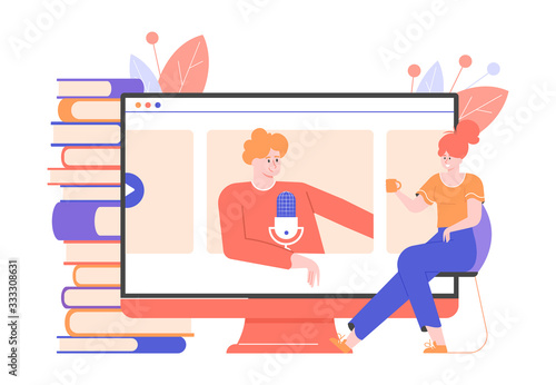 Online education service. Man teacher gives a lecture, master class on a computer screen. Student girl is sitting nearby and listening to a lesson. Vector flat illustration.