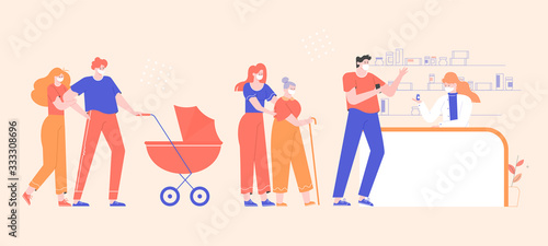 Group of people standing in line for medicines in a pharmacy. Young parents with a stroller, a girl with a grandmother, a guy with a phone. Characters in medical masks. Vector flat illustration.