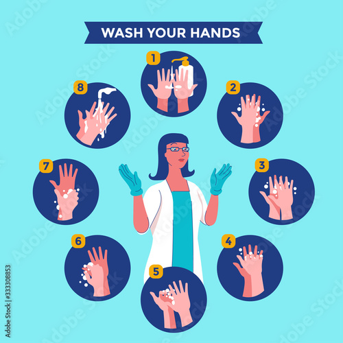 How to wash your hands steps vector illustration for stop corona virus