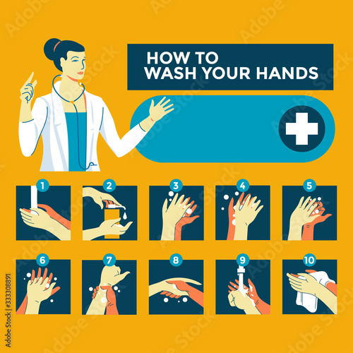 How to wash your hands steps vector illustration for stop corona virus