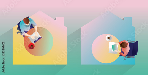 Work from home concept, top view Young people, man and woman freelancers working on laptops at home. People at home in quarantine.Stay home fight agains coronavirus