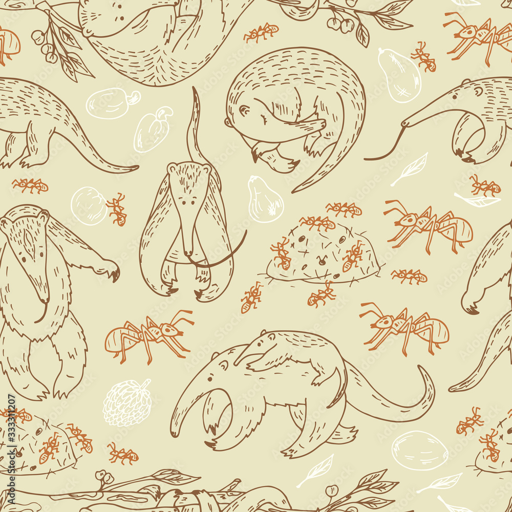 Anteaters (Tamandua) Vector Seamless pattern. Hand Drawn Doodles Anteaters, Ants and Fruits.