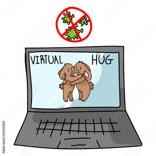 Sending virtual hug corona virus crisis cute bunny on laptop. Defeat sars cov 2 stay home infographic. Social media love. Viral pandemic support message. Outreach get through together sticker vector. 