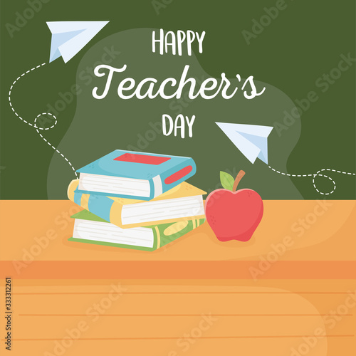 happy teachers day, school apple book and on table