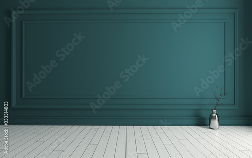 Empty room with Modern classic dark green wall panels and white wooden floor