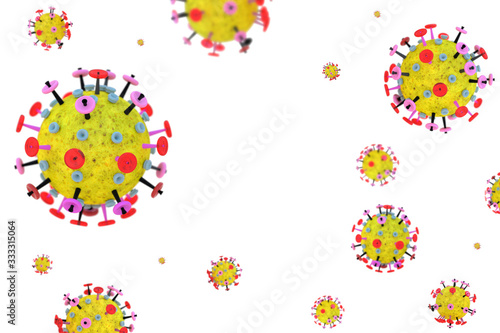 Coronavirus cells in on a white background with copy space. Yellow red microscopic 3D molecule model of flu virus.