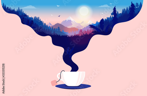 Morning tea - Cup of tea with steam forming a beautiful landscape with sunrise. A great way to start the day, and tea break concept. Vector illustration.