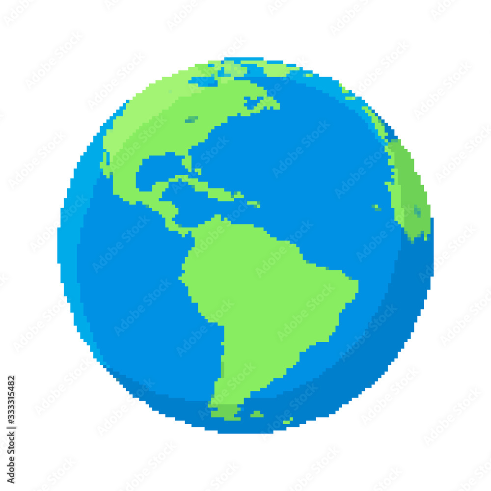 Vector planet Earth icon. Pixel art 8 bit. Flat planet Earth icon in space. 