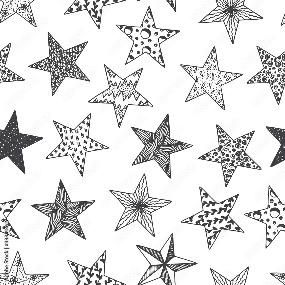 Stars - Vector Black and white Seamless pattern. Stars with different patterns. Hand drawn doodle Stars. Stars - Vector Black and white Seamless pattern. Stars with different patterns. Hand drawn doodle Stars.