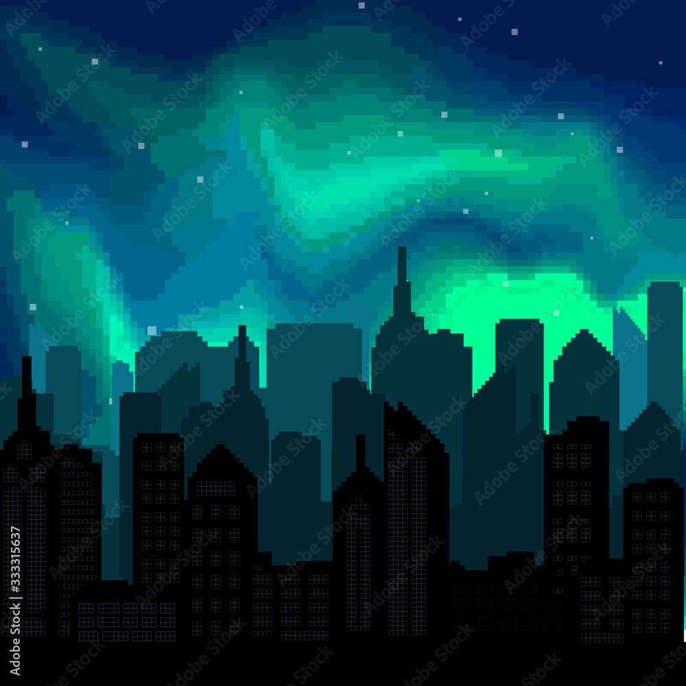 Pixel art night sky, night city, Aurora Borealis, Northern Lights Effect. Pixel background 8 bit.