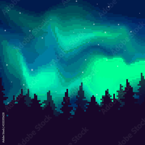 Fototapeta Pixel art night sky, Aurora Borealis, Northern Lights Effect. Pixel background 8 bit.