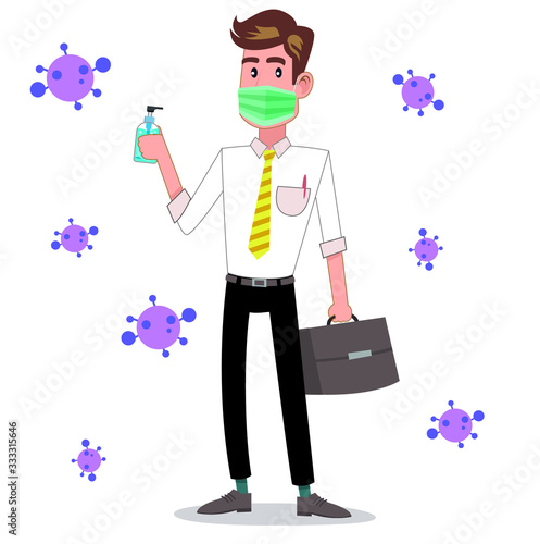 man wearing  masks to prevent disease, flu, air pollution, contaminated air, world pollution. Vector illustration 