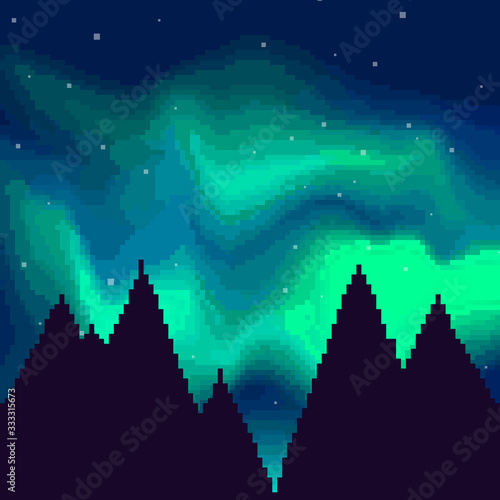 Pixel art night sky, Aurora Borealis, Northern Lights Effect. Pixel background 8 bit.