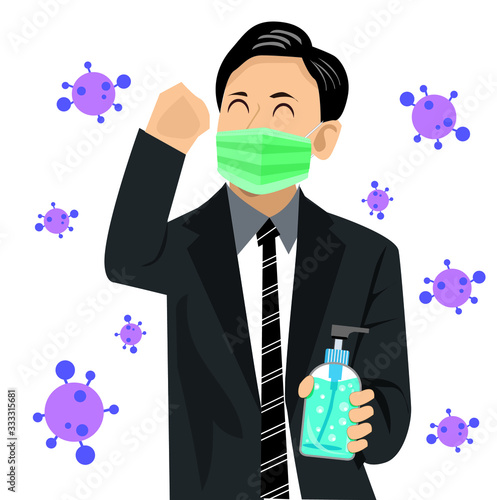 man wearing  masks to prevent disease, flu, air pollution, contaminated air, world pollution. Vector illustration 