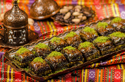 Traditional Dessert Turkish Baklava with chocolate stock photo