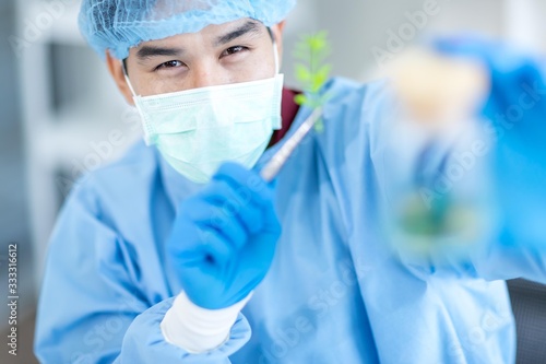 Asian scientists wear protective clothing while testing herbal medicines in the laboratory. Concepts, laboratory research on antiviral drugs, Covid 19 virus