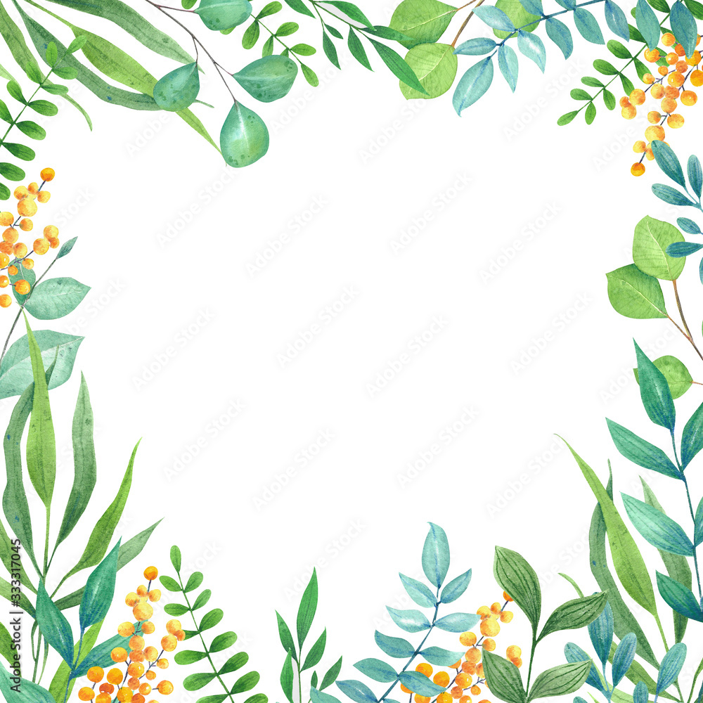Elegant frame. Hand drawn eucalyptus and tropical leaves isolated on white background. Elegant frame. Hand drawn eucalyptus and tropical leaves isolated on white background.