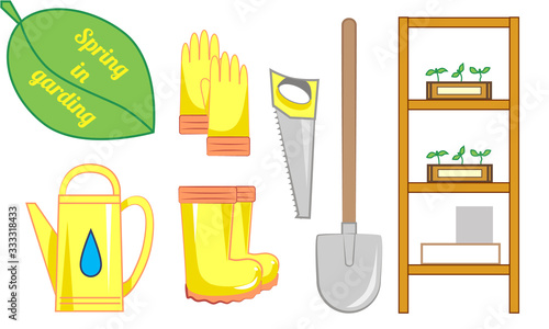 Set of vector elements on the theme of gardening; garden tools and clothes; whatnot with drawers; gloves and rubber boots for protection against dirt; spring garden tools