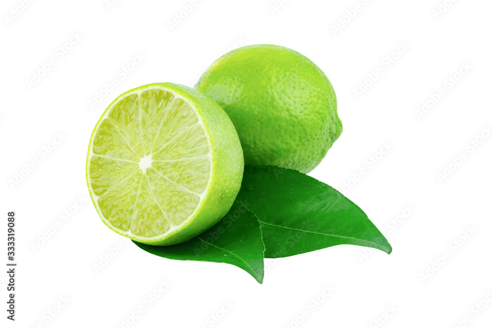Lime with slices half and leaves isolated on white background. Green citrus fruit. with clipping path Lime with slices half and leaves isolated on white background. Green citrus fruit. with clipping path
