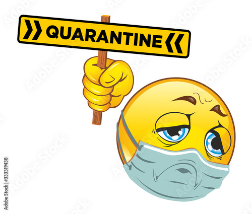 Emoji yellow ball. Sad smiley with a coronavirus quarantine sign. Stay at home, stay alive. Warning of the danger of infection. Illustration, vector