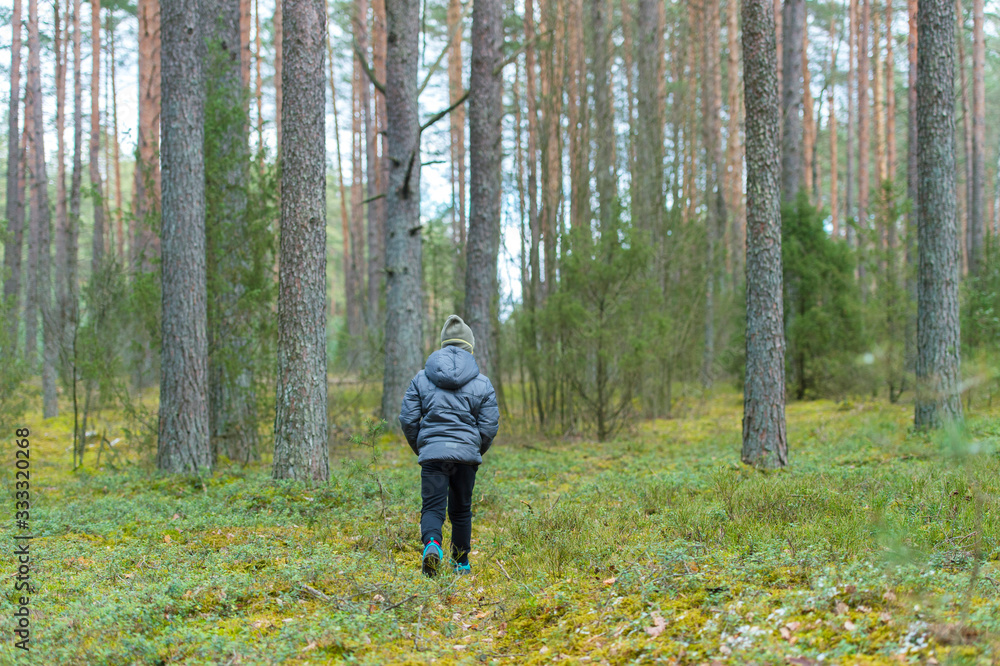 Disappointed lonely kid wearing mask for protection of corona virus spread on a empty forest. B Disappointed lonely kid wearing mask for protection of corona virus spread on a empty forest. B