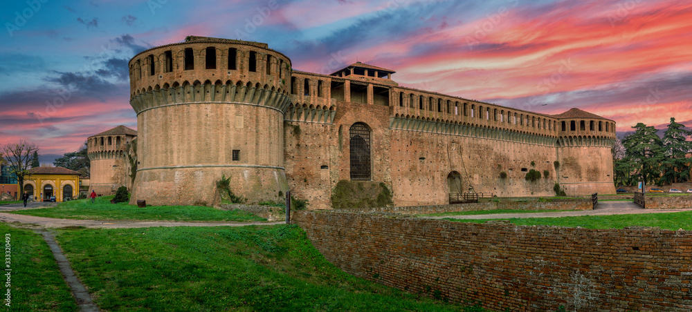 Imola castle in Central Italy with covered merlons  (the solid upright section of a battlement (a crenellated parapet) in medieval architecture or fortifications)