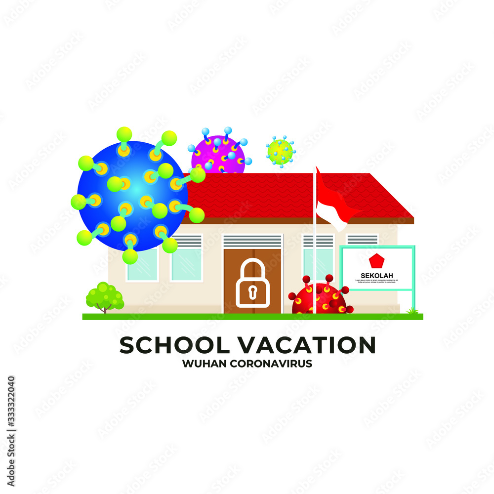 Covid-19 lockdown with indonesian flag, school and coronavirus bacteria vector illustration. Indonesia plans to lock down and take a break from school as the Corona virus Covid-19 spread