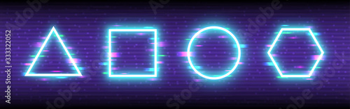 Glitch neon shapes on retro futuristic backdrop. Cyberpunk geometric concept. Triangle, square, circle and hexagon with color distortions. Futuristic banner. Vector illustration
