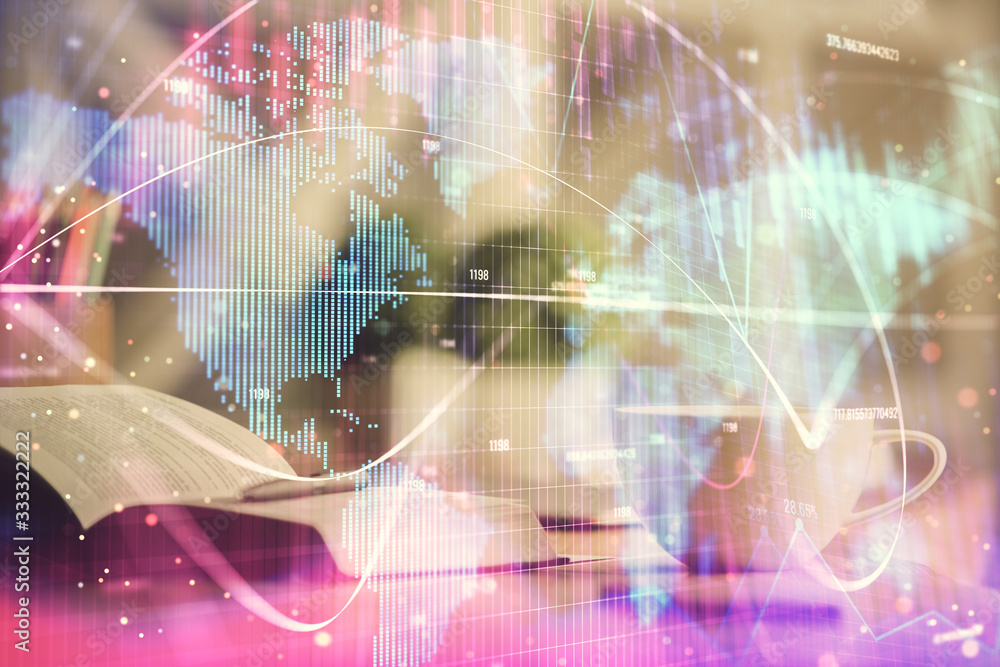 Double exposure of business theme drawing and desktop with coffee and items on table background. Concept of market trading Double exposure of business theme drawing and desktop with coffee and items on table background. Concept of market trading