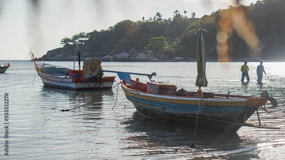Fototapeta premium Boote auf Meer an Insel