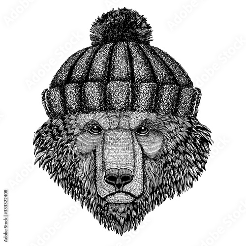 Cool animal wearing knitted winter hat. Warm headdress beanie Christmas cap for tattoo, t-shirt, emblem, badge, logo, patch
