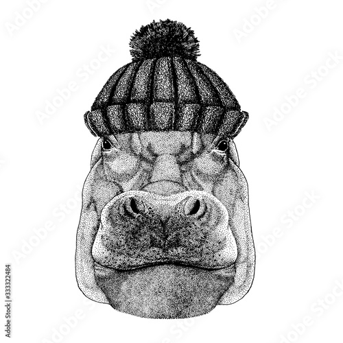Hippo, Hippopotamus, behemoth, river-horse Cool animal wearing knitted winter hat. Warm headdress beanie Christmas cap for tattoo, t-shirt, emblem, badge, logo, patch