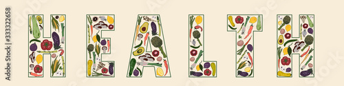 Concept of vegetables food form the word health background greeting card poster banner and other use. World Health Day flat vector design illustration. 