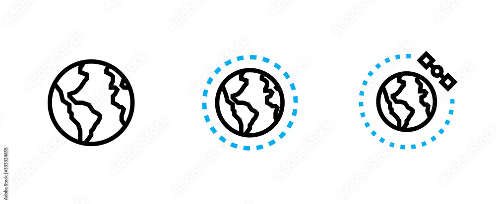 Earth Planet Globe, Around the World and Satellite icon. Editable Vector Stroke. Earth Planet Globe, Around the World and Satellite icon. Editable Vector Stroke.