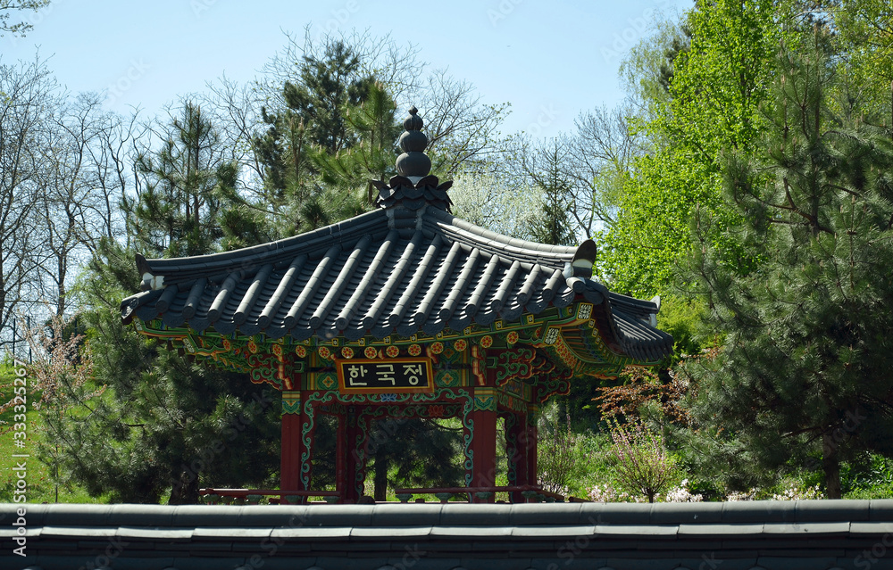 Japanese-style gazebo in the garden, against the blue sky
