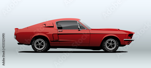 Red muscle car, view from side, in vector.