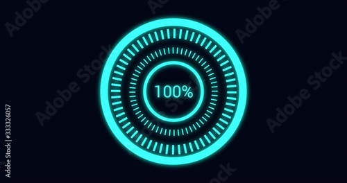 Science Futuristic Loading Circle Ring.  Loading Transfer Download Animation 0-100% in blue science effect.  light blue loading futuristic circle ring orb bar animation on black screen.