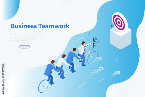 Isometric Goals Setting for Business Team. Creative Idea Teamwork Banner Concept. Business Team Riding Tandem Bicycle. Team success. Business concept illustration.