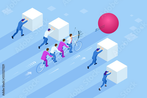 Isometric Goals Setting for Business Team. Creative Idea Teamwork Banner Concept. Business Team Riding Tandem Bicycle. Team success. Business concept illustration.