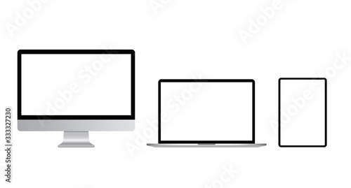 set of blank monitors. Tablet, laptop and monoblock monitor with blank screen isolated on white background. Vector illustration eps 10.