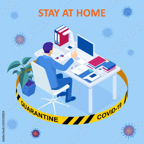 Isometric work from home. Corona virus - staying and working at home. working from home during Covid-19. Self-isolation shield from coronavirus