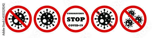 Coronavirus Icon with Red Prohibit Sign, 2019-nCoV Novel Coronavirus Bacteria. No Infection and Stop Coronavirus Concepts. Dangerous Coronavirus Cell in China, Wuhan. Isolated Vector Icon EPS 10