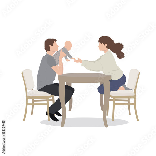 Father, mother and baby are sitting on chairs at the table.Vector illustration in a flat style. Stay at home. The family remains at home in quarantine, virus protection. Home comfort.