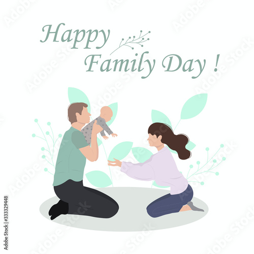 Family Day Greeting Cartoon Card. Father, Mother and Baby Sitting on the floor. Vector Flat Illustration