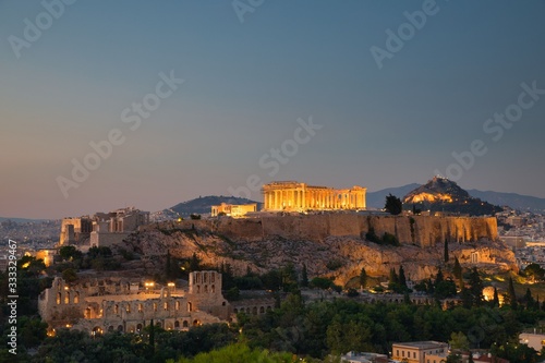 Evening view of Parthenon Temple on the Acropolis of Athens, Greece