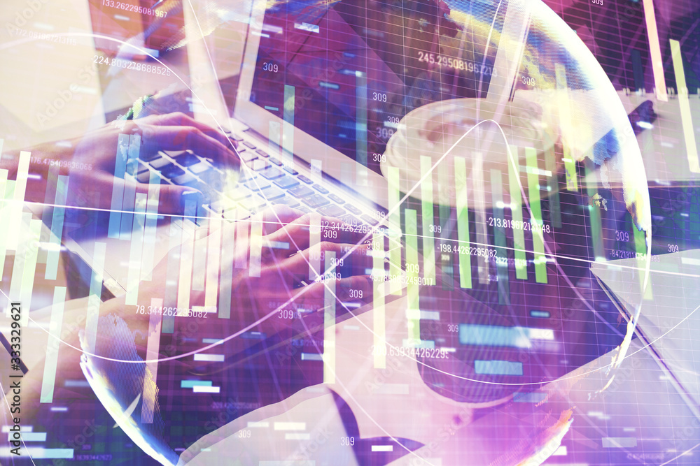 Double exposure of woman hands typing on computer and business theme hologram drawing. Success concept. Double exposure of woman hands typing on computer and business theme hologram drawing. Success concept.