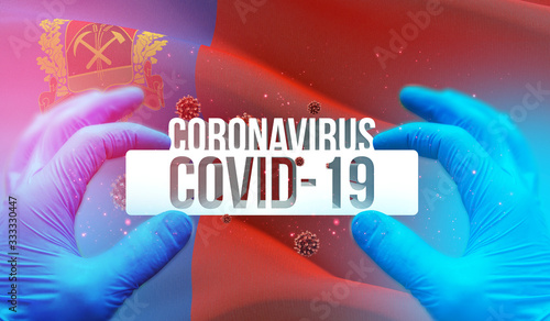 Coronavirus disease COVID-19 infection in russian region, flag images concept - Flag of Kemerovo Oblast. Coronavirus in Russia concept 3D illustration. photo