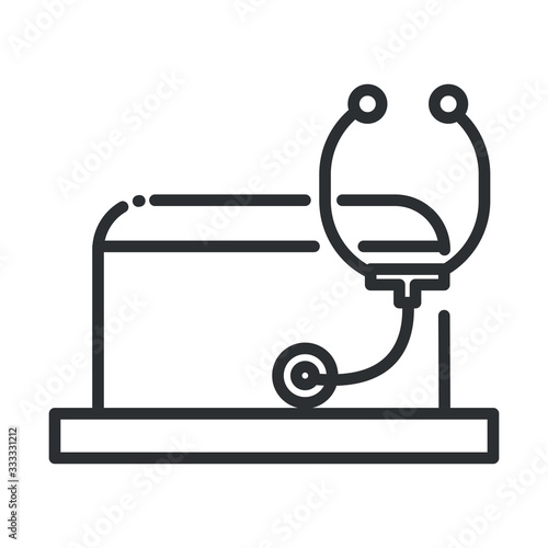 online health, laptop computer stethoscope analysis covid 19 pandemic line icon